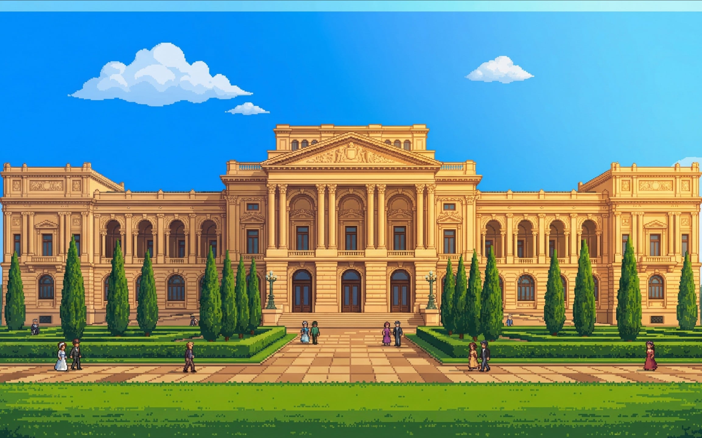 Sede da Guilda em pixel art — palácio clássico ao amanhecer
